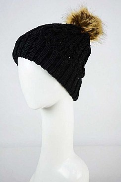 FAUX FUR POM CABLE KNIT BEANIE