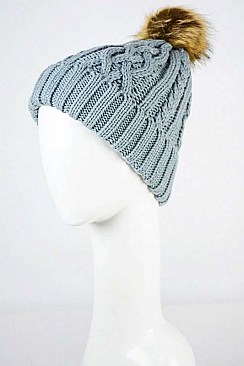 FAUX FUR POM CABLE KNIT BEANIE