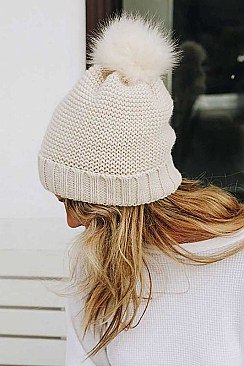 FAUX FUR SHERPA LINING POM BEANIE