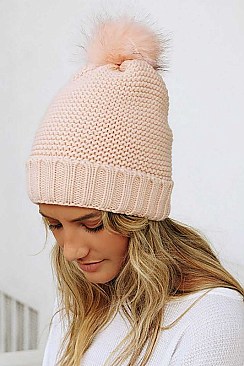 FAUX FUR SHERPA LINING POM BEANIE