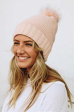 FAUX FUR SHERPA LINING POM BEANIE