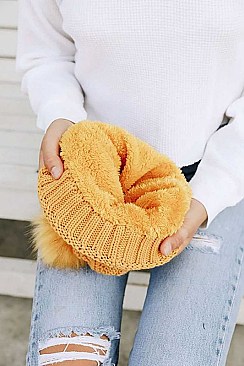 FAUX FUR SHERPA LINING POM BEANIE