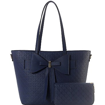 Monogram Bow Accent Shopper Tote Wallet SET