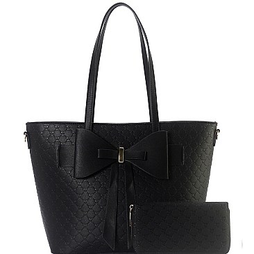 Monogram Bow Accent Shopper Tote Wallet SET