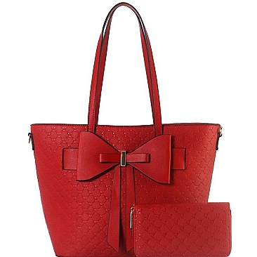 Monogram Bow Accent Shopper Tote Wallet SET