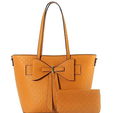 Monogram Bow Accent Shopper Tote Wallet SET