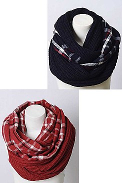 PLAID RIBBED KNIT INFINITY SCARF