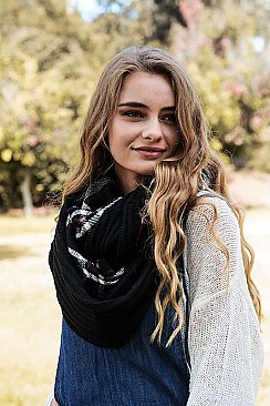 PLAID RIBBED KNIT INFINITY SCARF