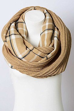 PLAID RIBBED KNIT INFINITY SCARF