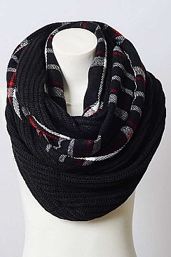 PLAID RIBBED KNIT INFINITY SCARF