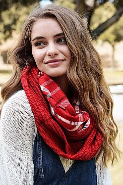 PLAID RIBBED KNIT INFINITY SCARF