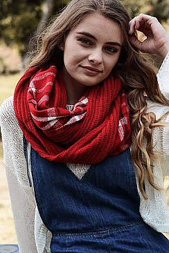 PLAID RIBBED KNIT INFINITY SCARF