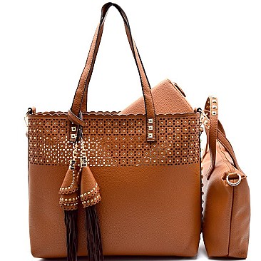 [S]YS4124-LP Tassel Accent Studded Laser-cut 3 in 1 Tote SET