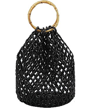 FASHION NATURAL BEAD AND BAMBOO HANDLE TOTE BAG