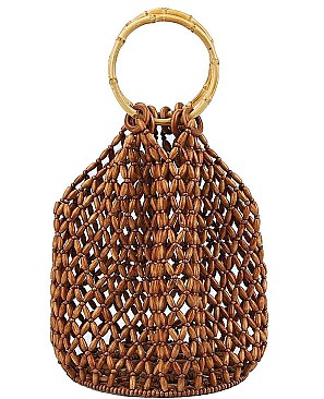 FASHION NATURAL BEAD AND BAMBOO HANDLE TOTE BAG