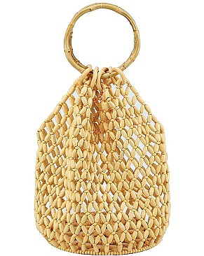FASHION NATURAL BEAD AND BAMBOO HANDLE TOTE BAG