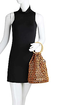 FASHION NATURAL BEAD AND BAMBOO HANDLE TOTE BAG