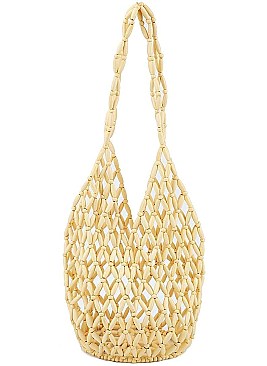 DESIGNER CHIC NATURAL BEAD WOVEN SHOULDER BAG