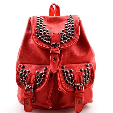 Dark Silver Tone Studs Flap Backpack with Belt Accent