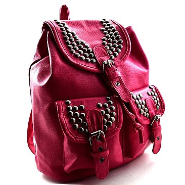 Dark Silver Tone Studs Flap Backpack with Belt Accent