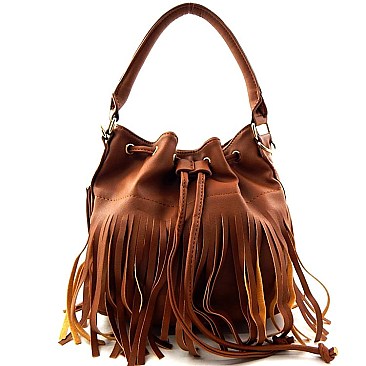 Boutique Fringed Drawstring Bucket Cross Body