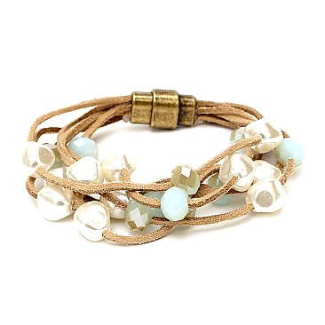 ZB1047-LP Plastic Pearl Glass Bead Leather Bracelet