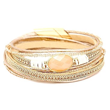 ZB1279-LP Semi-precious Stone Multi Layered Leather Bracelet