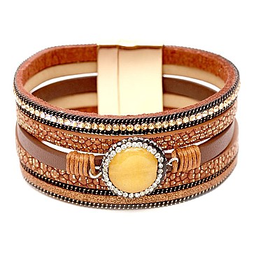 ZB1281-LP Semi-Precious Stone Multi-layered Leather Bracelet