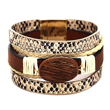 Snake Print Wood Layered Leather Wrap Bracelet MH-ZB1301