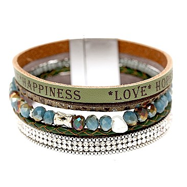 ZB1302-LP Glass Bead Message Multi-layered Leather Bracelet