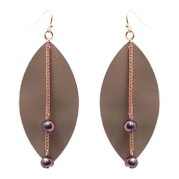 ZE1429-LP Semi Bead Leather Oval Earring