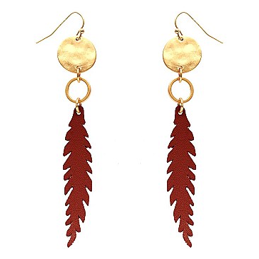 ZE1483-LP Metal Leather Leaf Fish Hook Earring