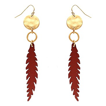 ZE1483-LP Metal Leather Leaf Fish Hook Earring