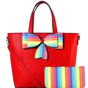 Multi-colored Striped Bow Accent 2-Way Tote Wallet Set