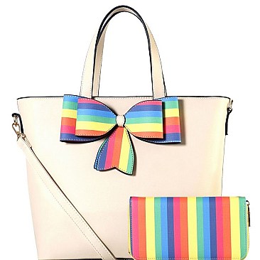 Multi-colored Striped Bow Accent 2-Way Tote Wallet Set