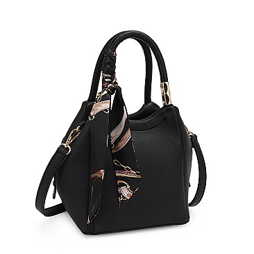 Leather Like Scarfed Celebrity Bucket Satchel Bag