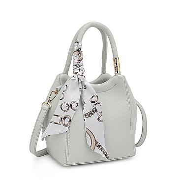 Leather Like Scarfed Celebrity Bucket Satchel Bag