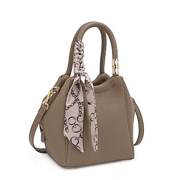 Leather Like Scarfed Celebrity Bucket Satchel Bag