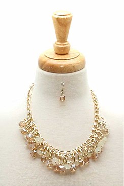 STYLISH LUSH STONES AND CHAINS STATEMENT NECKLACE AND EARRING SET JYZS-0581