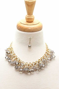 STYLISH LUSH STONES AND CHAINS STATEMENT NECKLACE AND EARRING SET JYZS-0581