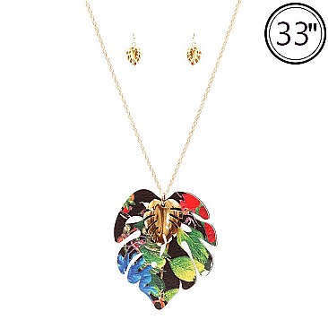 ZS0993-LP Metal Leaf Charm Layer Leather Leaf Necklace SET