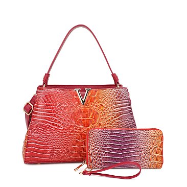 2- In1 Tie-Dye Croc -V- Emblem Bucket - Shoulder Handbag with Wallet