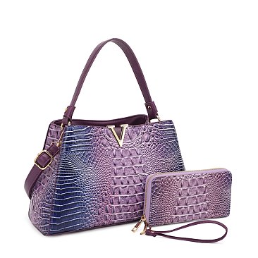 WHOLESALE 2- In1 Tie-Dye Croc -V- Emblem Bucket - Shoulder Handbag with Wallet PURPLE