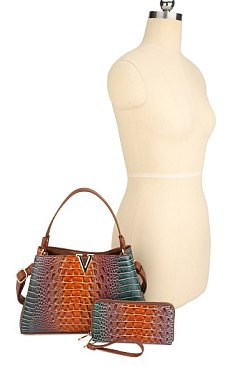 2- In1 Tie-Dye Croc -V- Emblem Bucket - Shoulder Handbag with Wallet BULK