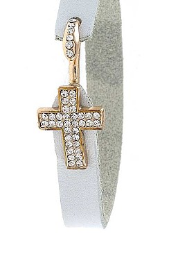 FAUX LEATHER RHINESTONE CROSS BRACELET