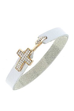 FAUX LEATHER RHINESTONE CROSS BRACELET