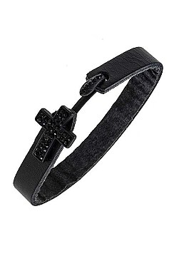 FAUX LEATHER RHINESTONE CROSS BRACELET