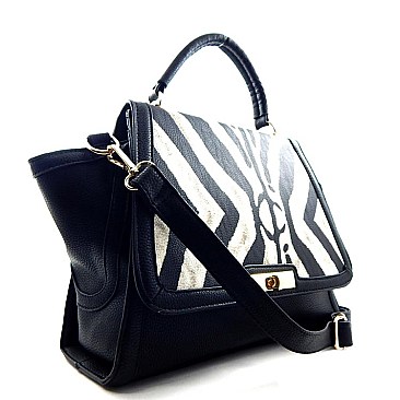 Zebra Print Twist-lock Flap Top Large Size Satchel