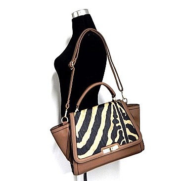 Zebra Print Twist-lock Flap Top Large Size Satchel