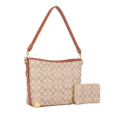 2-in-1 Side Ring Hooked Single Strap Oval Print Bucket / Hobo Bag Set